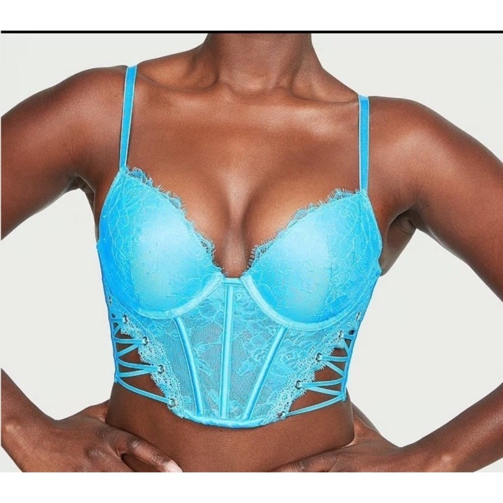 Victoria's Secret Bombshell Push-up Bra 38DD Corset Lace Up Sides Aqua Blue-NWOT